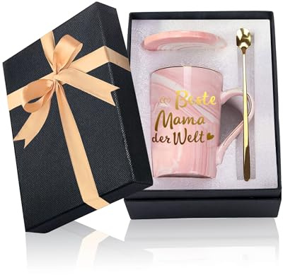 Bästa mamma i världen kaffekopp, mors dag presenter till mamma av dotter son, 400 ml keramisk marmormugg teväska med lock gyllene sked och presentförpackning