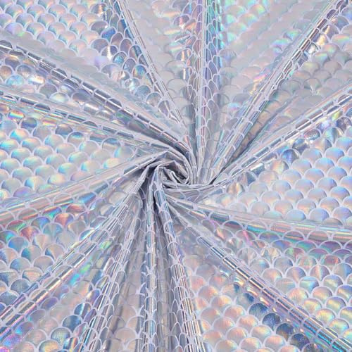 FINGERINSPIRE 1.5 m Glitzernder Stoff Mit Meerjungfrauen Fischschuppen 1 m Breit Stoff Mit Meeresfischschuppen Silberfarben Schillernder 2 Wege Stretch Spandex Meerjungfrauenstoff Zum Kleidung