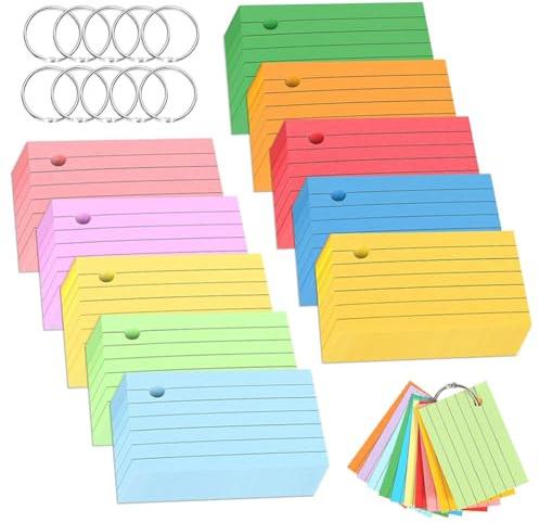 1000 Flash Cards A8 Fiche de Revision Papier Flashcards Cartes Index Lignées 150g/m² avec 10 Anneaux de Reliure 10 Couleurs pour École Bureau Maison Étude Notes