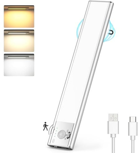 Lureshine Luci notturne LED Sottopensile Cucina, 76 LEDs Luce Armadio LED con Sensore di Movimento, 3 Temperature di Colori Dimmerabile, USB Ricaricabile Lampada Guardaroba per Cucina, Corridoio