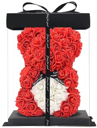 ZENZERO® - ORSO ROSA - ORSETTO ricoperto di ROSE in PE - Orsacchiotto in Confezione Regalo - Dimensioni 10 (26x17cm) - Pezzi: 1 - disponibili vari COLORI - Colore: (ROSSO CUORE BIANCO)