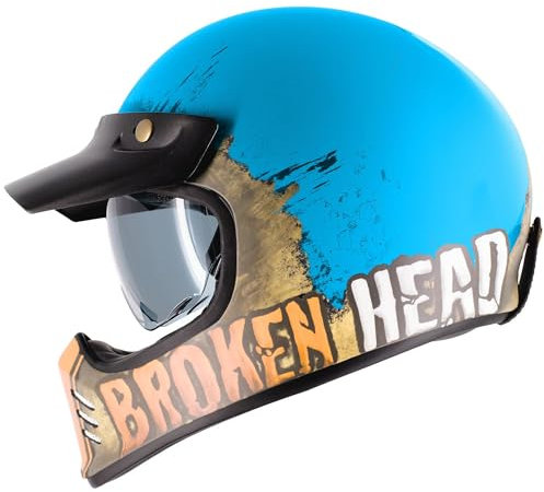 Broken Head Retro MX Helm Rusty Rider Blau-Orange Mit Sonnenblende - Vintage Look - Perfekt für Scrambler, Chopper, Bobber, Retrobike (XS (53-54 cm))