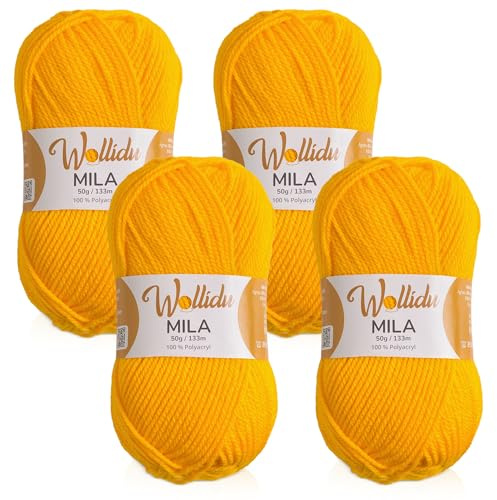Wollidu Mila garn för virkning och stickning 4 x 50 g/133 m stickgarn 100 % polyakryl virkgarn gul
