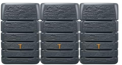 4rain Slim Stone Decor Mauertank-Set 1530 Liter Graphitgrau – Regentonne/Regenwassertank - 3 x 510L Regenfass + Verbinder – Wassertonne/Wasserfass - Regenwassertonne für Garten - Frostsicherer Tank