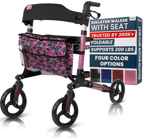 Vive Mobility Rollator Walker with Seat - Folding 4 Wheel Medical Rolling Walker with Bag - Mobility Aid for Adult, Senior, Elderly & Handicap - Aluminum Transport Chair
