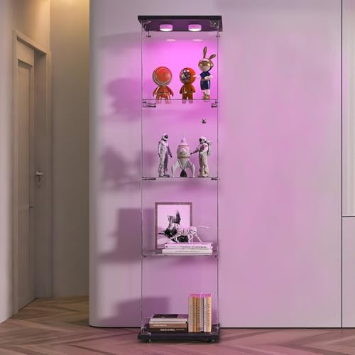 FOERPL Glasvitrine Standvitrine mit LED, 4-Lagen glasvitrine stehend mit Tür und Schloss für Sammlerstücke Wein, Modern Durchsichtige Glas Vitrinenschrank für Büro Wohnzimmer Bar