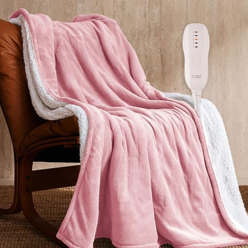 JET'S HOME Heated Blanket 50x60 - ETL&FCC Certified Flannel Electric Blanket Machine Washable Heating Throw with 5 Heating Levels 3 Hours Auto-Off Overheating Protection Gift for Women (Pink)