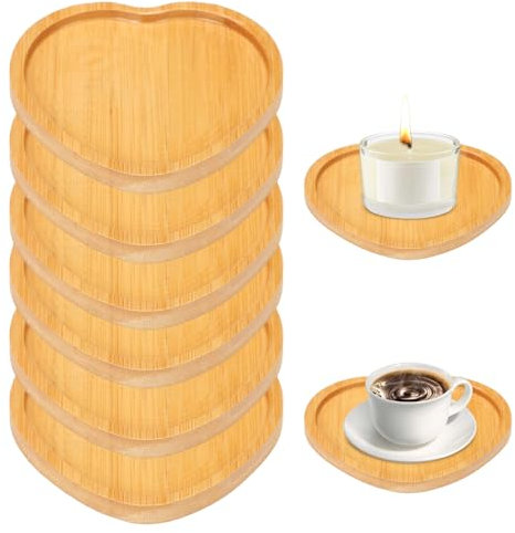 Lot de 6 assiettes en bois en forme de cœur de 10,5 cm - Dessous de verre en bois pour bougies - Bougeoirs en bois