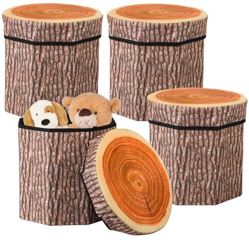 4 Pcs Tree Stump Storage Stools, Creative Storage Ottomans, Folding Chairs with Lids, Collapsible Storage Seat Chests, Versatile Tree House Accessories, Clothes Toys Storage Boxes