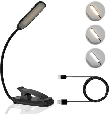 LUTW Leselampe Buch Klemme, USB Wiederaufladbare Buchlampe Klein, Schwarz | 3 Farbtemperatur Modi Dimmbare Helligkeit, 360° Flexibel Leselicht Klemmleuchte für Bett, Schreibtisch und Reisen