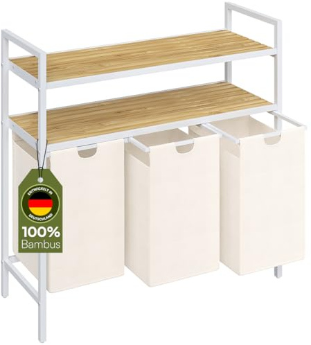 STEELSØN Rigil Wäschesammler mit 3 Fächern, 3x40L, Weiß, 2 Bambusablagen | Wäschekorb, Wäscheboxen, Metall Wäschesortierer, Wäschesäcke ausziehbar & herausnehmbar, Schmutzwäschebehälter, Wäschetrenner