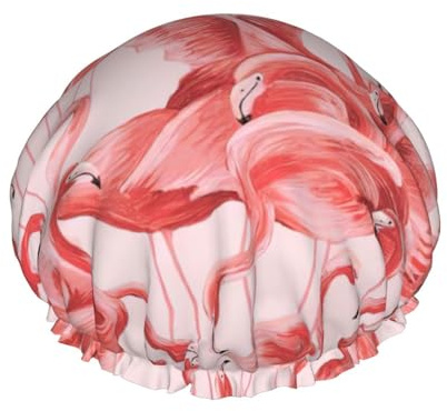 Duschhaube mit Flamingo-Druck – wiederverwendbare Badehaarkappe, doppellagig, verstellbares Gummiband, langlebiges Reisezubehör