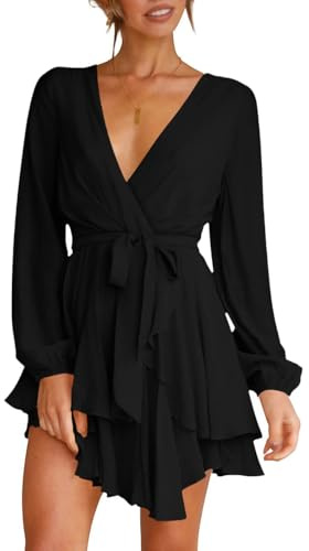 Wenrine Damen Kleider Sexy Tiefer V-Ausschnitt Freizeitkleid A Linie Rüschen Minikleid Langarm Wickelkleid mit Gürtel, Schwarz, M