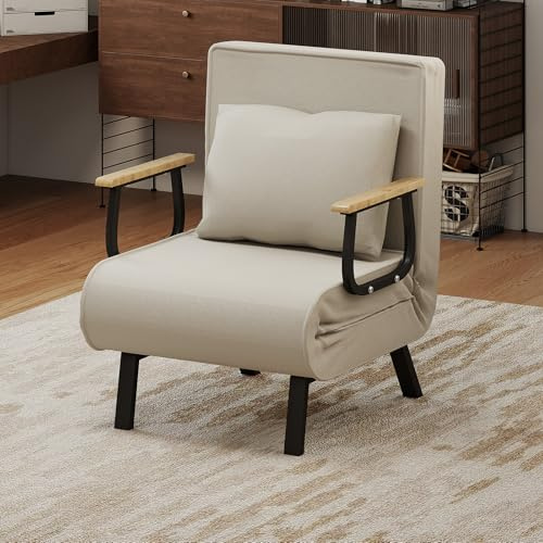 Fabulcozy Canapé Lit Convertible 3 en 1, Fauteuil Réglable 5 Positions, Housse Amovible Lin-Coton, Coussin Épais, Pieds Métal Trapèze Incliné, Accoudoirs en Bois et Métal, pour Salon/Bureau,Beige
