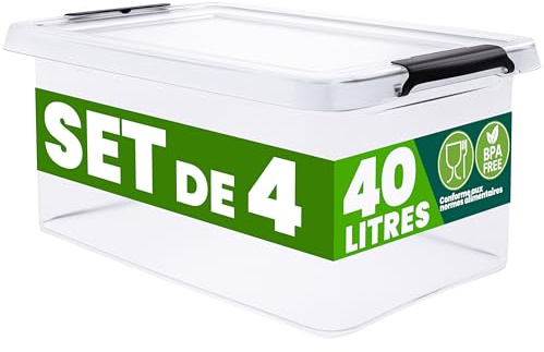 Deuba® 4x Cajas Almacenaje Apilable 40L Contenedor Transparente Orden Almacenamiento Organizador Libre BPA Juguetes Libros Ropa Mantas Alimentos