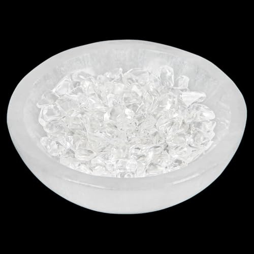 Cuenco de Selenita de 10 cm con 100 g de Chips de Cuarzo Transparente | Cuenco de Selenita para Limpieza Energética, Recarga, Meditación, Decoración del Hogar y Uso con Cristales