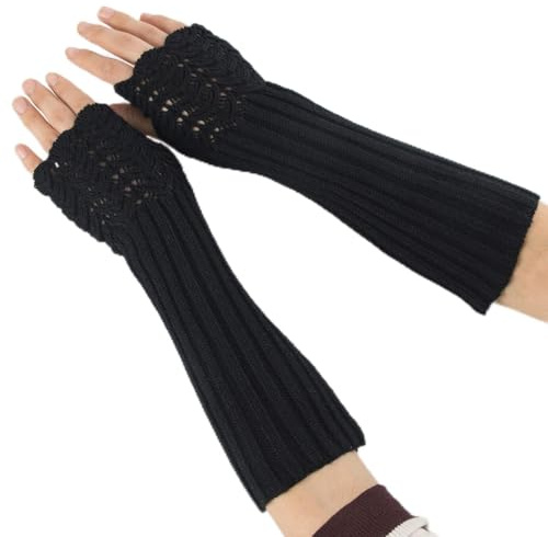 Amztour Fingerless Gloves for Women Running Scale Design Long Black Summer Stretchy Knit Gloves Wrist Acrylic Fiber Gothic Gifts for Hiking Sun Protection Camping Mother's Day