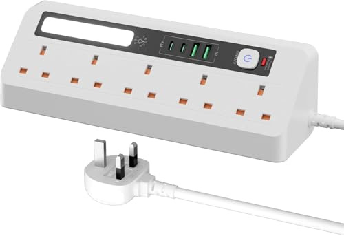 Extension Lead with 2 USB and 2 Type-C, 5 Way Corner Power Strip with Touch Night Light, Overload Protection with 1.8M Cable for Home and Office (White)