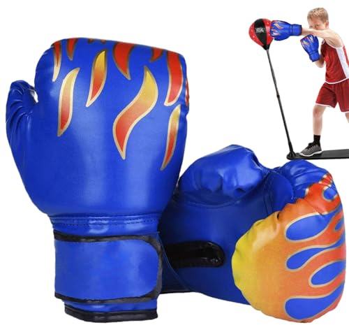 Gants de Boxe pour Enfants de 6 à 11 Ans, Gants Boxe pour Enfants à Motif Flamme, PU Respirant avec Ruban Fixation, Mitaines remplies d'éponge pour l'entraînement, l'exercice, Les Jeux, Bleu