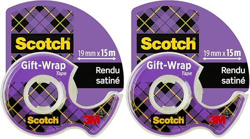 Scotch Ruban Adhésif pour Emballage Cadeau - 1 Rouleau sur dévidoir manuel, 19 mm x 15 m - Ruban Transparent Satiné à Utiliser sur le Papier d'Emballage Cadeau (Lot de 2)