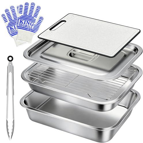 7-Piece Grill Prep and Serving Tray Set, Stainless Steel BBQ Marinating Container with Lid, Cutting Board, Wire Rack, Tongs & Heat Resistant Gloves, Stackable Large Meat Pan for Camping & Tailgating