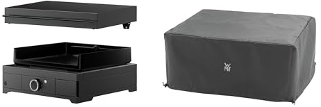 WMF Plancha Set 45E mit Plancha Grill elektrisch/Planchadeckel/Abdeckhaube, 2500 W, Grillfläche 45 x 40 cm, Gerätemaße 50.5 x 24.5 x 63 cm, Gusseisen/Stahl/Aluminium/Edelstahl, schwarz