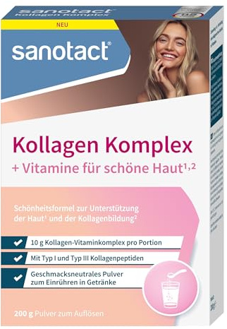 sanotact® Kollagen Komplex Pulver | 200 g | Typ I & III Kollagenpeptide | + Vitamin C, Niacin & Biotin für schöne Haut¹ | Geschmacksneutral | Zum Einrühren