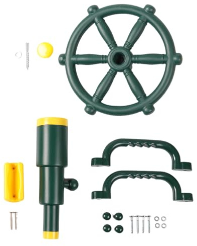 AruMinna Playground Accessories Kit, Pirate Steering Wheel & Telescope with 2 Grab Handles, 12 Inch Outdoor Backyard Playset Equipment for Climbing Frame Treehouse, Green & Yellow