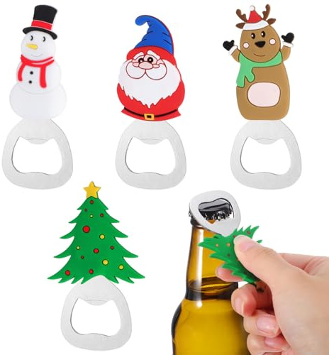 Baluue 4 Pezzi Apribottiglie Natalizio in Acciaio Inossidabile e Silicone a Tema Cartone Animato Design Scientifico, Facile da Usare per Formali e Hotel, Idea Regalo Natale