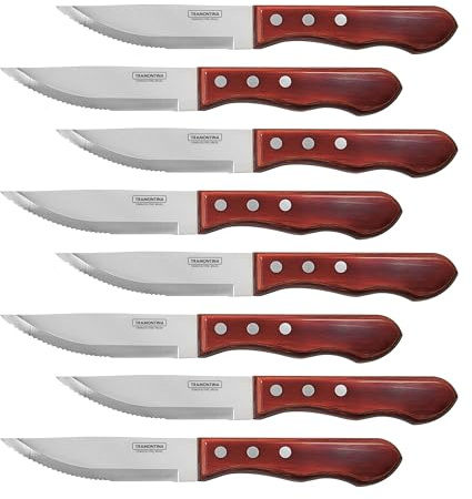 Tramontina Porterhouse 8-Piece Steak Knives, 5-Inch Stainless Steel Serrated Blade Kitchen Knife Set with Riveted Polywood Handle, Full-Tang, Dishwasher-Safe