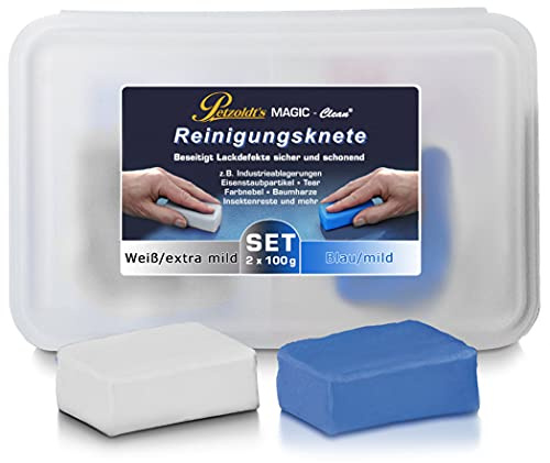 Petzoldt's 2 x 100 g Reinigungsknete, Extra mild & Mild, zur Lackreinigung nach der Autowäsche, vor Politur, Coating- oder Wachsauftrag, Lackversiegelung, Fahrzeugfolierung, Car Wrapping