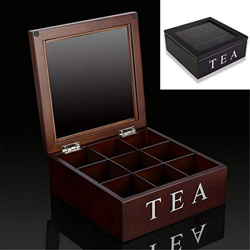 Tea Bag Stores Wooden Tea Box 9 Compartments Hinged Glass Lid Tea Organizer
