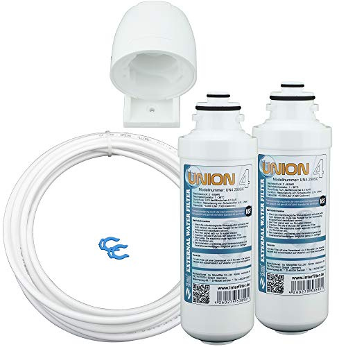 UNIONfilter UNION 4 Wasserfilter-Set Kühlschrank, 1/4 Zoll, 5 m Schlauch | Filterkopf, 2 Aktivkohleblock-Kartuschen, Wechsel per Vierteldrehung, Kapazität je ca. 5.000 Liter, deutsche Anleitung