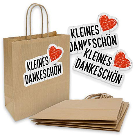 5x itenga Papiertragetaschen + Aufkleber kleines Dankeschön Geschenktüten mit Kordel 18x8x22cm 90g braun Kraftpapiertüten Kraftpapierbeutel mit Griff mittlere Größe