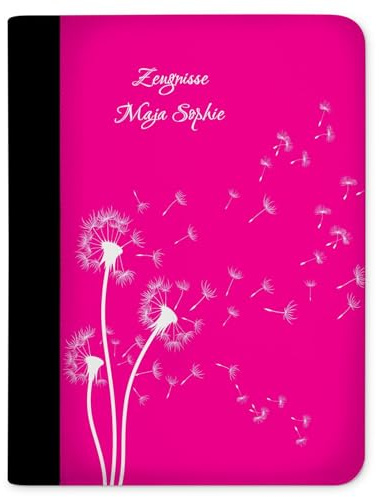 CreaDesign Zeugnismappe A4 mit Namen personalisiert – Pusteblume Pink – für Mädchen – Dokumentenmappe Schule ohne Klarsichthüllen