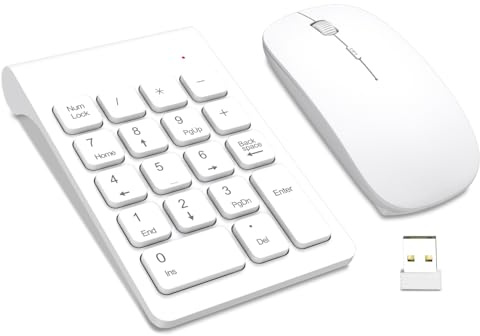 TRELC Wireless Numeric Keypad, Mini 2.4G 18 Keys Number Pad, Portable Silent Financial Accounting Numeric Keypad Keyboard Extensions with Wireless Mouse for Laptop, PC, Desktop, Notebook (White)