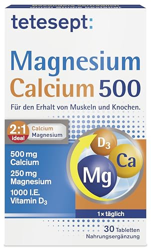 tetesept Magnesium Calcium 500, Nahrungsergänzungsmittel, 30 Tabletten | Magnesiumtabletten mit Kalzium & Vitamin D3, für den Erhalt von Muskeln, Knochen & einen normalen Energiestoffwechsel