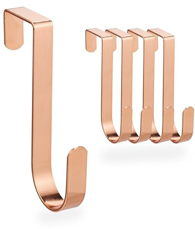 Relaxdays Dörrkrokar set om 5, för dörrar utan veck upp till 4 cm, dörrhängare för hall och badrum, klädkrokar 12 cm lång, roséguld koppar