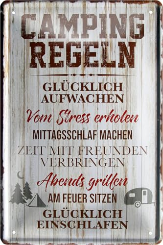schilderkreis24 – Blechschild Lustiger Spruch “Camping Regeln“ Deko Schild Metallschild Geschenkidee Retro Camper Wohnwagen Wohnmobil Geschenk Geburtstag Weihnachten für alle Camping Fans 20x30 cm