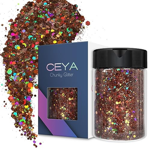 Ceya Holografischer klobiger Glitzer, 3.5oz/100 g, braunes Bastelglitzer-Pulver, gemischte grobe und feine Flocken, schillernde Nagel-Pailletten für Epoxidharz, Becher, Schleim, Festival-Dekoration