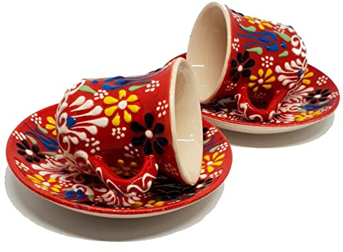 DLK - Set of 2 Handmade Ceramic Coffee Cups Set, 2 x Tile Coffee Cup Set,Turkish Coffee Cup Set of 2 - Red