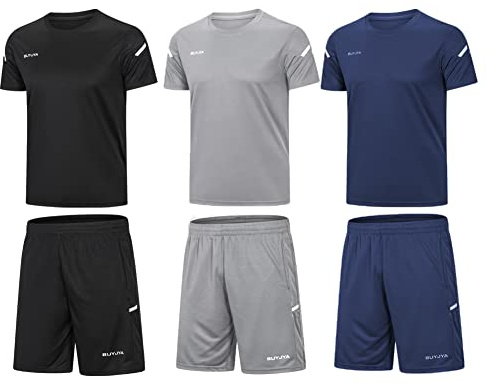 BUYJYA Herren-Trainingskleidung, athletische Shorts und Shirt-Set, 3er-Pack, für Basketball, Fußball, Training, Laufen, Fitnessstudio