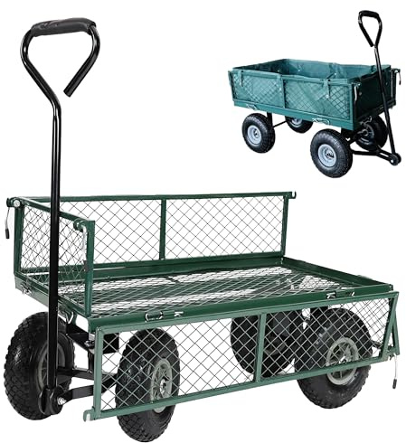 Garden TRAILER Cart with Liner Pull Along Trolley Heavy Duty Green Mesh Utility Gardeners Wagon, Removable Folding Sides, Pneumatic Tyres, Outdoor Cart for Gardening, Festivals, Camping 200Kg Loading