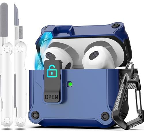 R-fun Compatibile con AirPods di terza generazione 2021 Custodia di ricarica, protezione completa contro le cadute Coperchio pop-up automatico Custodia con kit di pulizia e portachiavi,Blu