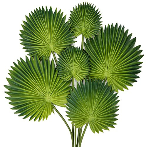 Briful Kunstpflanze 6 Stück Palmenblätter Grüne Tropische PU Kunstblätter mit biegsamen Stiel Palmwedel für Blumengesteck Hausgarten Party Büro Dekoration