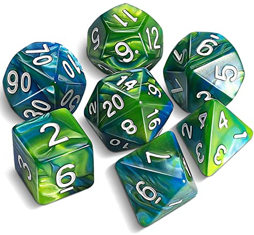 QMAY DND Dadi - Set di Dadi Poliedrici - 7 Pezzi per Dungeon and Dragons MTG RPG D&D D20, D12, D10, D%, D8, D6, D4 (Blu Misto Verde)