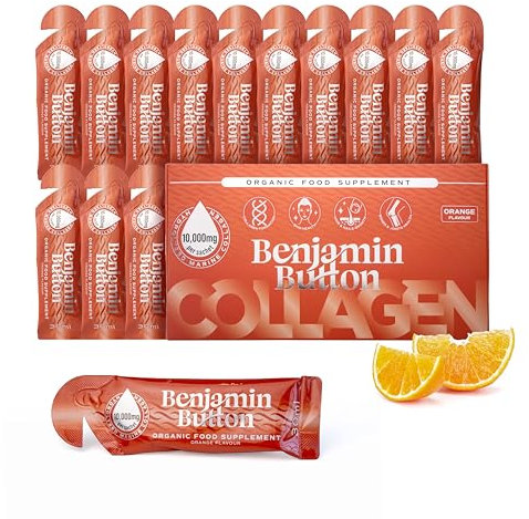 14x Marine Collagen Liquid Sachets - 10,000mg Hydrolysed Type 1 with Vitamin C | Skin, Hair, Nails | Orange Flavor | 2-Week Supply | Higher Absorption vs. Powder/Tablets - Benjamin Button®