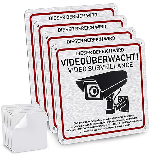 JIZZU 4 Stück Schild Videoüberwachung, 5.9x5.9 inch Selbstklebend und 4 Bohrlöcher Aluminium Schild Warnschild für den Innen- und Außeneinsatz