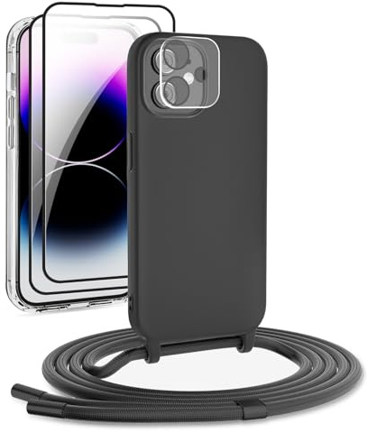 DiDaDi Handykette kompatibel mit iPhone 12 Mini Hülle,Handyband Necklace Hülle mit Band Handyhülle für zum Umhängen Silikon Case mit Schnur Schutzfolie und Kameraschutz in Schwarz