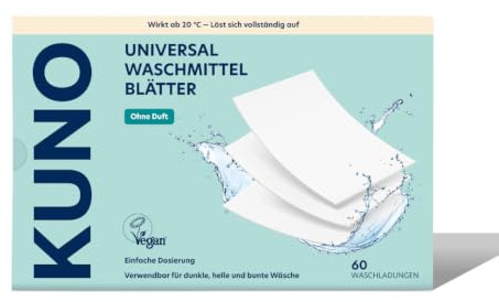 Kuno Waschmittel Blätter - 60 Waschladungen - Waschblätter - Sensitiv | Vordosierte Waschstreifen in Papierverpackung, Babywaschmittel, Waschmittelblätter, Waschmittel für Babywäsche